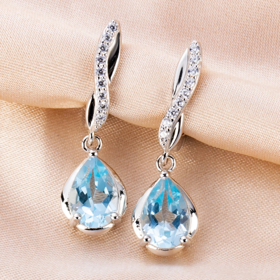 

100% Natural Sky Blue Topaz Dangle Earrings Authentic 925 Sterling Silver Pear 9*6mm Gemstone Jewelry for Women Wedding Gift