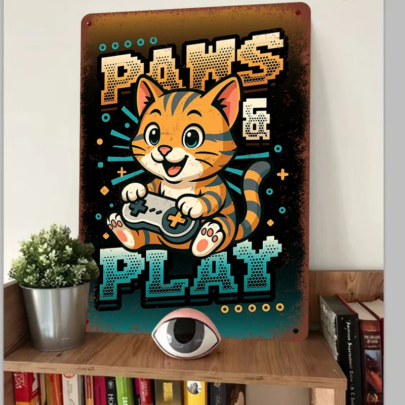 Cute Cartoon Cat Gaming Controller Metal Tin Sign Retro Pixel Art Home Decor for Kids Room Bedroom Wall Hanging