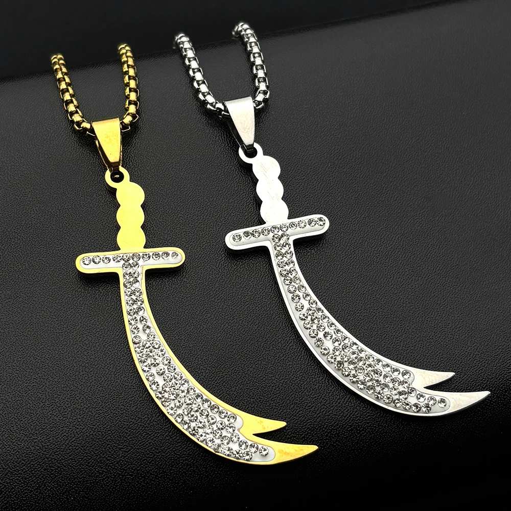 Islamic Imam Ali Zulfiqar Sword Pendant Necklace for Women Men Stainless Steel Gold Color Full Rhinestones Arabic Chain Jewelry - view 2