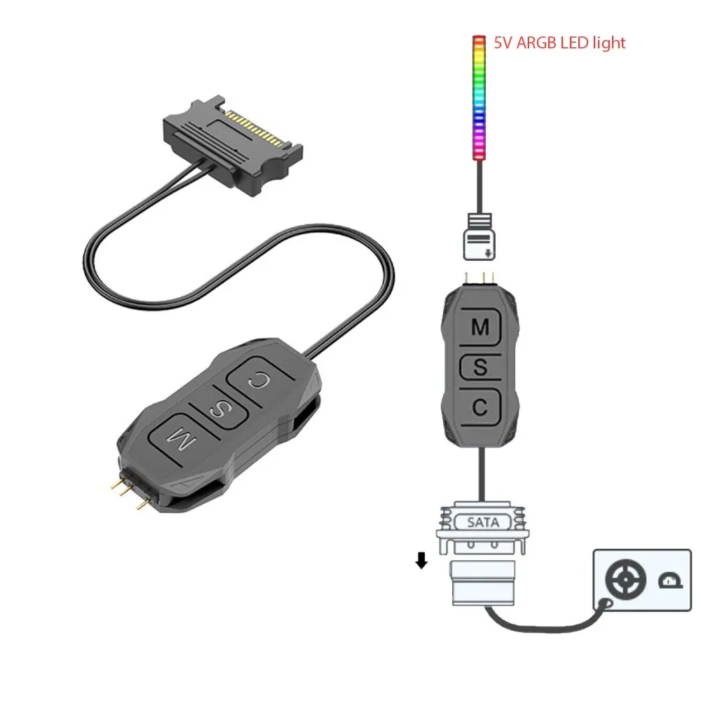 2-in-1 ARGB Controller with Remote Control DC5V 3Pin Sata Mini Practical Button Multiple Lighting Modes for PC Case Light Decor