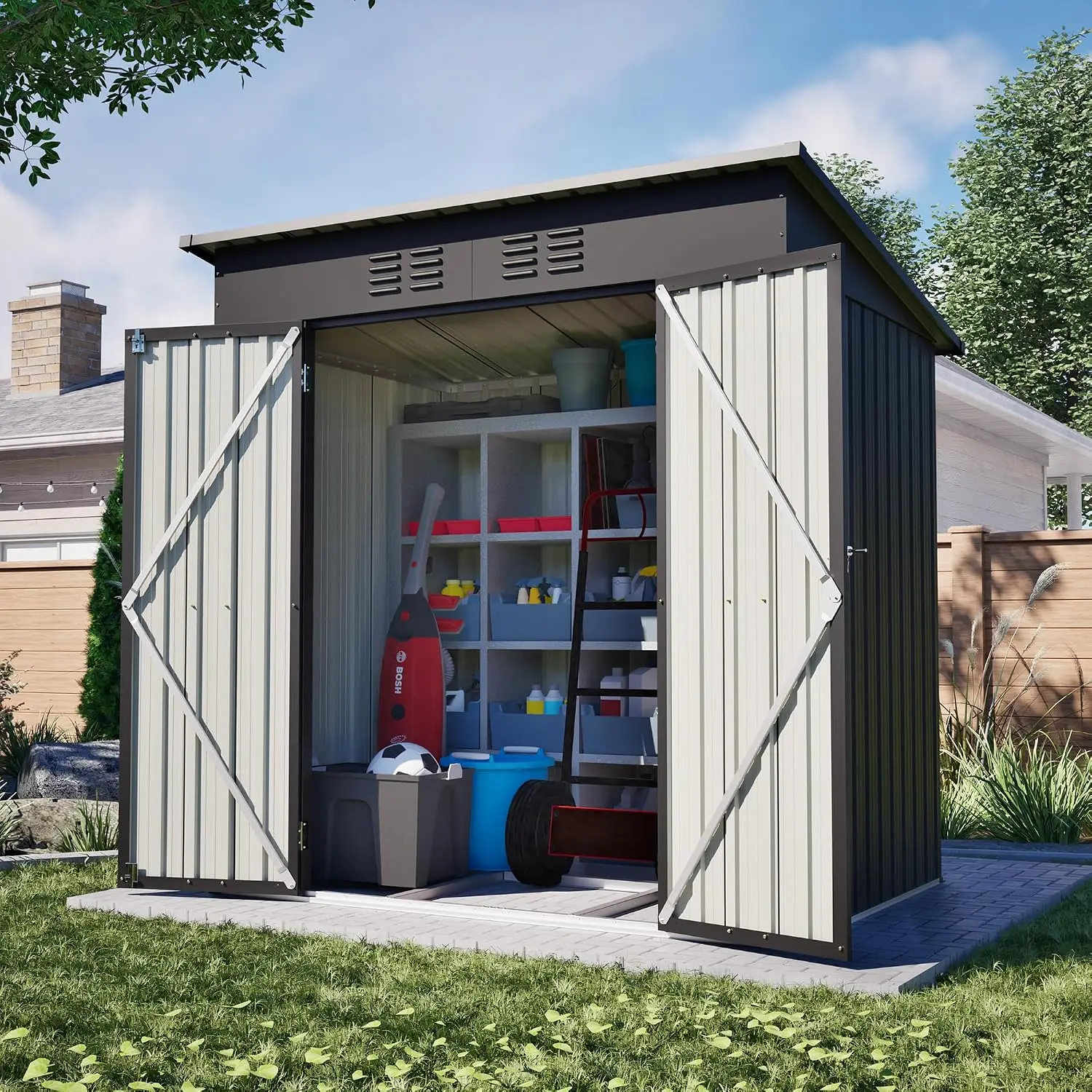 6 x 4 ft Outdoor Storage Shed with 2 Double Hinged Door & Floor Base, All Weather Tool Shed Outdoor Storage, Customized