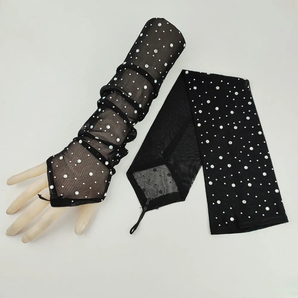 1 Pair Rhinestone Mesh Gloves Hook Middle Finger Elasticity Fingerless Gloves Breathable Sunscreen Arm Sleeves Women