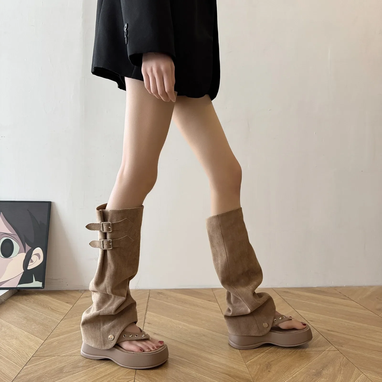 Retro Two-piece Trouser Boots, Summer Breathable Thick-soled Flip-flops, Versatile Cutout Fashion Boots, Ultra-high Heels