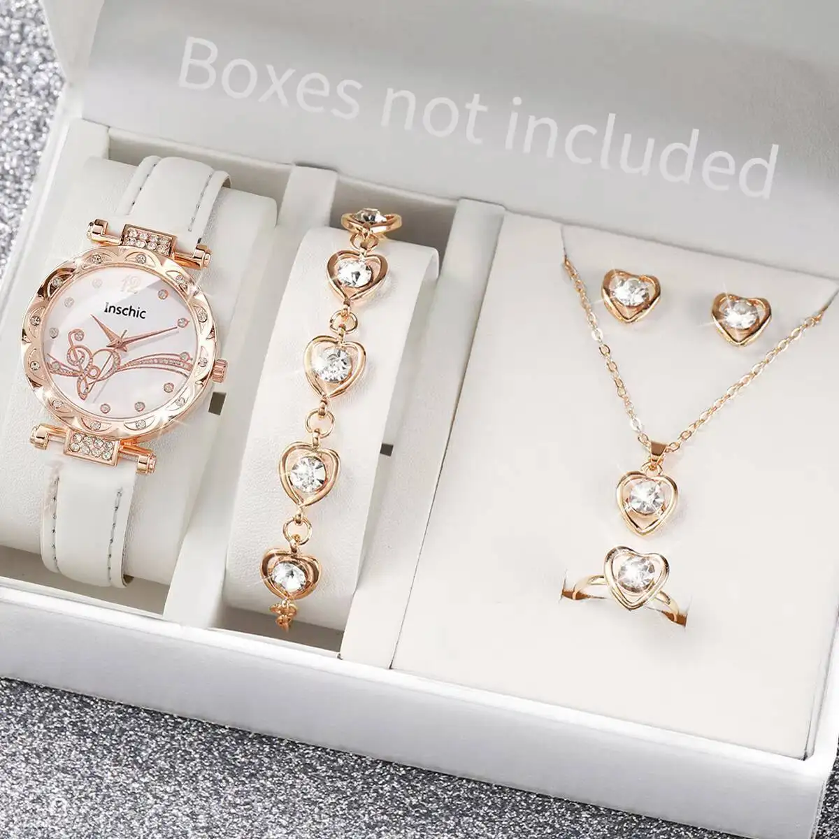 6PCS/Set Fashion Rhinestone Women's Watch Leather Band Analog Quartz Watches Heart Jewelry Set Reloj Mujer（Without Box）