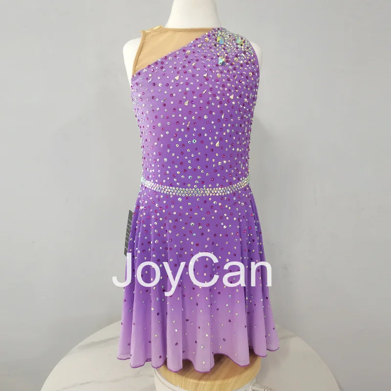 

JoyCan Ice Figure Skating Dress Girls Purple Spandex Stretchy Mesh Competition Dance Wear Customized