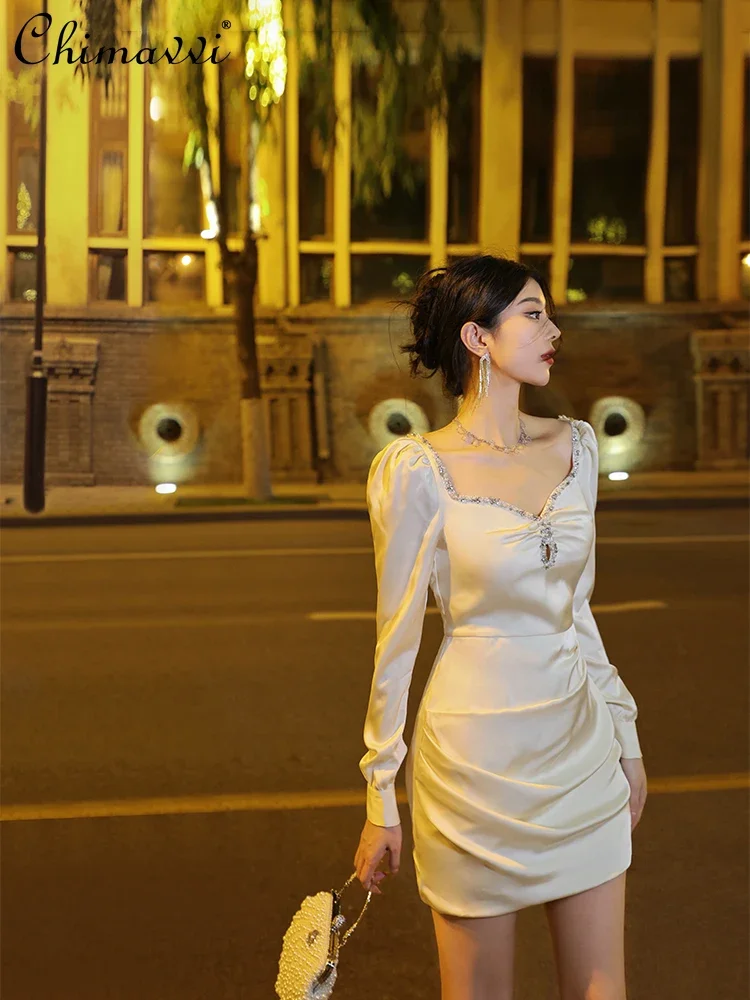 

French Elegant Satin Dress Diamond Square Neck Puff Long Sleeve High Waist Pleated Slim Fit Short Evening Dresses Women Autumn