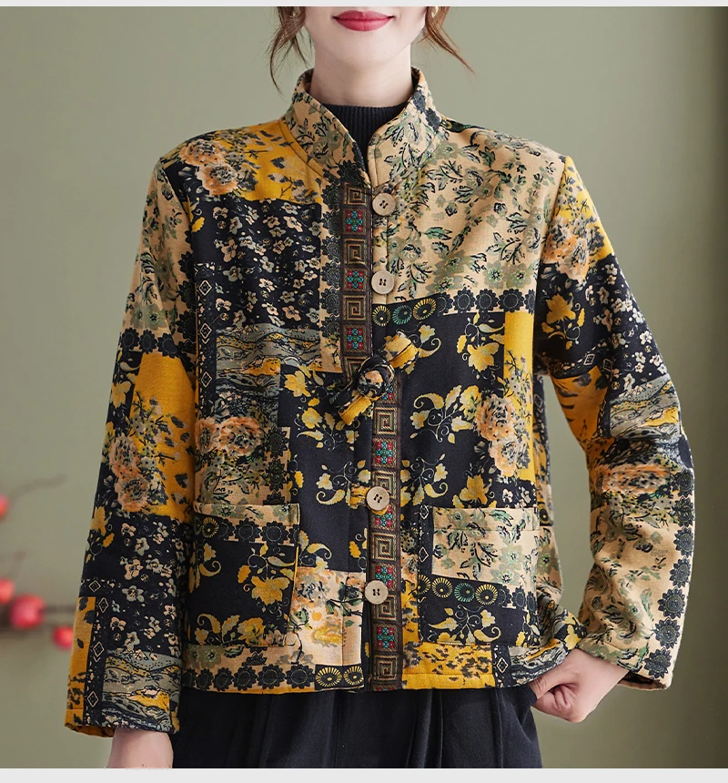 Chinese Style Jacket Vintage Cotton And Linen Printing Thickened Cotton-padded Coat Female Winter Warm Standing Collar Short Top