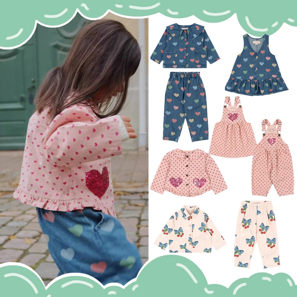 Conjunto de roupas infantis 2025 ks, jaqueta estampada fofa para meninas, calças, coração, lantejoulas, macacão infantil, vestido jeans, pano infantil