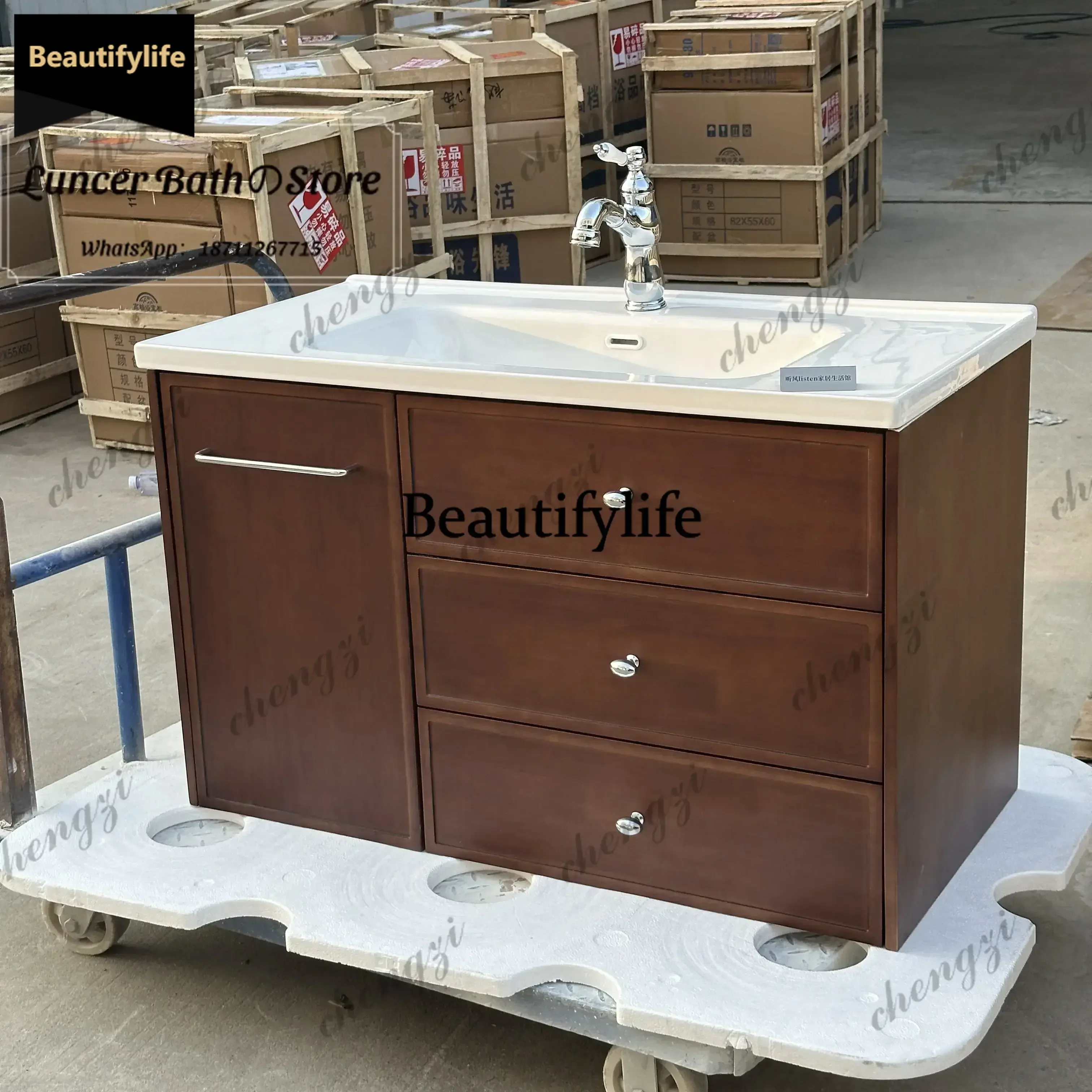 MCM Vintage Bathroom Vanity Set, Hair Dryer Pull Out Basket, Ceramic Integrated Basin for Toilet, Hand Wash Sink Cabinet b567