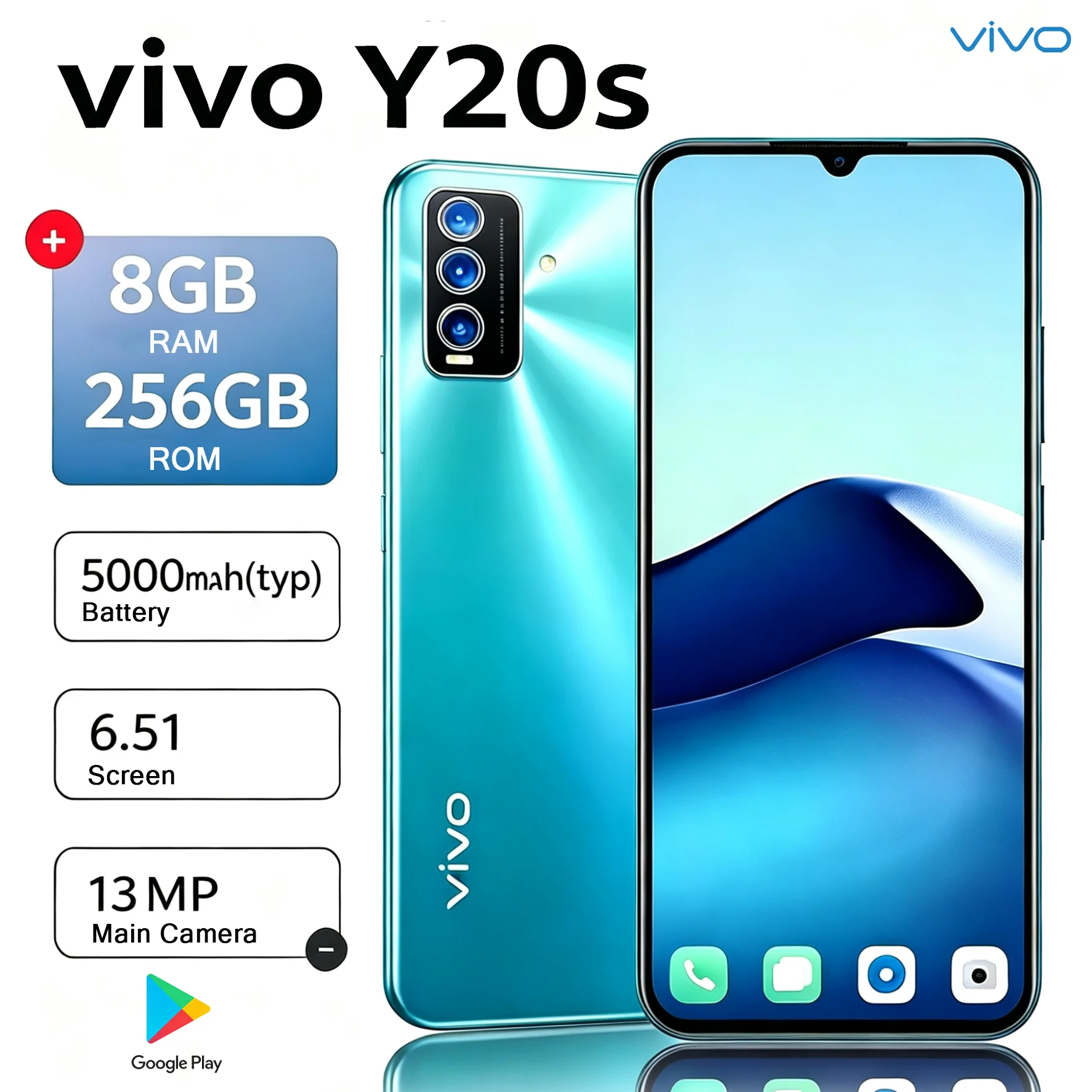 VIVO Y20s 4G LTE Unlocked Mobile Phone 6.51 Inch 720x1600 HD Screen 8GB+256GB 5000mAh Battery 13MP HD Camera Dual SIM Smartphone
