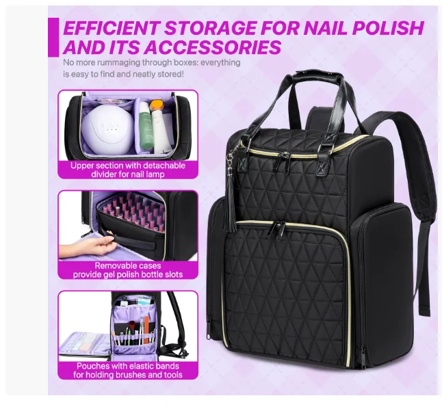 Nail Polish Storage Backpack Holds 80 Bottles and 1 Light-Up Portable Women Nail Polish Bag Cosmetic Bag Nail Polish Organizer