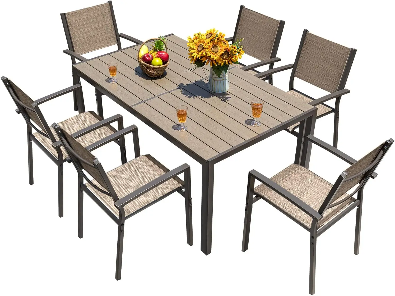 7 Pieces Patio Dining Set Outdoor Furniture with 6 Stackable Textilene Chairs and Large Table for Yard,Garden,Porch and Poolside