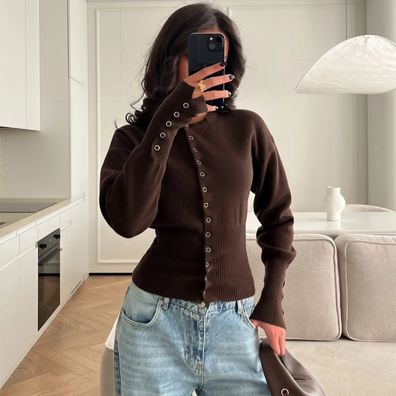 

Slim Bottoming Shirt Women's High Waist Round Neck Single Breasted Cardigan Solid Long Sleeve Short Sweater Top Autumn