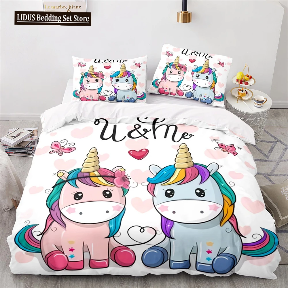 

Cute Couple Of Pony Duvet Cover Set 3D Unicorn Pony Horse Polyester Quilt Cover With Pillow Shams For Kids Adults Bedding Set