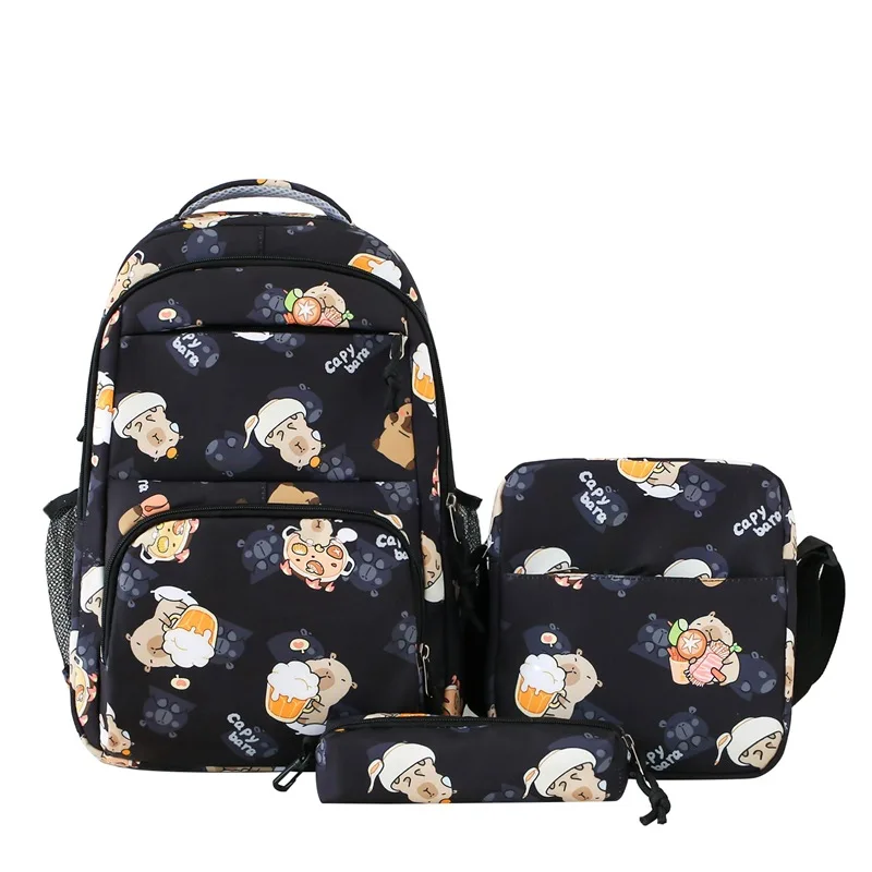 Student Three-piece Set Capybara Schoolbag Girls Large Capacity Casual Backpack Boy Color Blocking Multi Layer Children Backpack