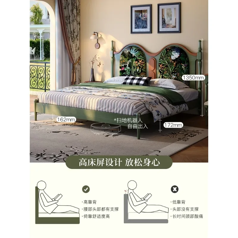 French retro solid wood bed 1.8 meters double bed medium antique ash wood fabric printing, soft bag retro master bed