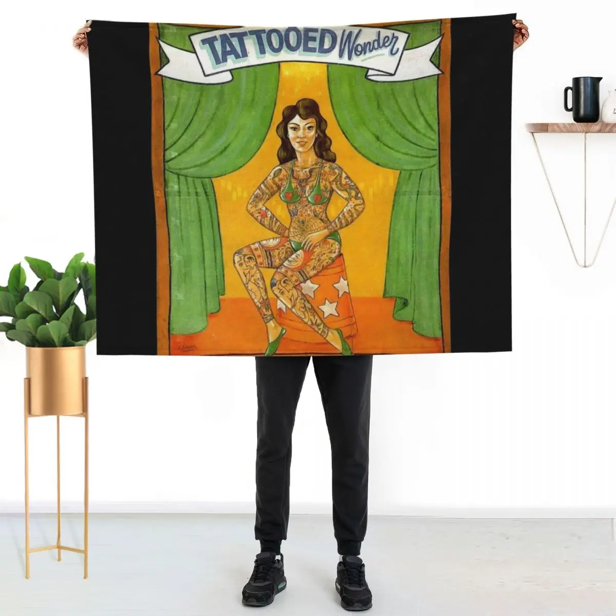 TATTOOED WONDER : Vintage Circus Sideshow Advertising Print Throw Blanket Thin Soft Blanket for Summer Night Sleeping