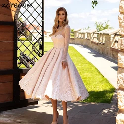 Customized Elegant Short Pink Appliques Evening Dresses 2024 Long Sleeves O-Neck Open Back Tea Length Women Party Prom Gowns