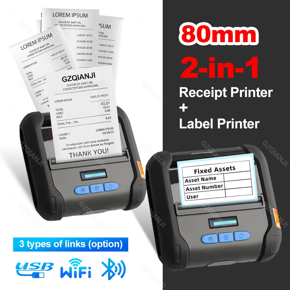 

80mm WiFi Potable Thermal Printer Bluetooth 3inch Label Sticker Receipt Bill Ticket Printing 2 in 1 Android iOS Small Business