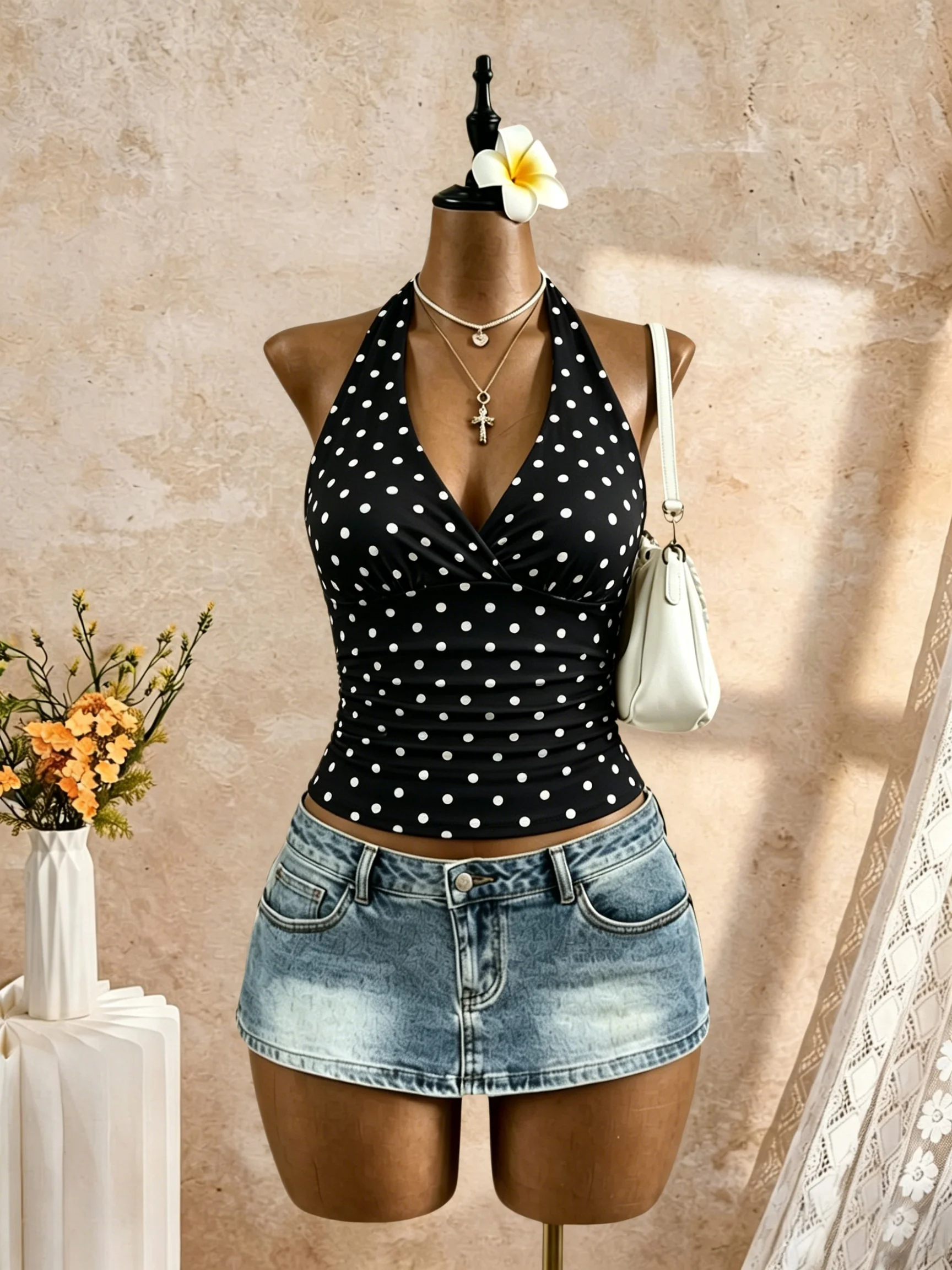 Damen Neckholder-Top mit tiefem V-Ausschnitt, Wickeloptik, seitlich geraffter Taille, ärmellos, kurz geschnitten, einfarbig weiß, schmal geschnitten, für Sommer, Strandurlaub, Freizeit – Detail 4