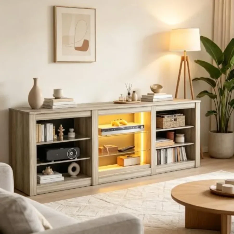 Modern TV stand for 65-inch TVs, engineered wood, black, RGB LED lights for ambient lighting