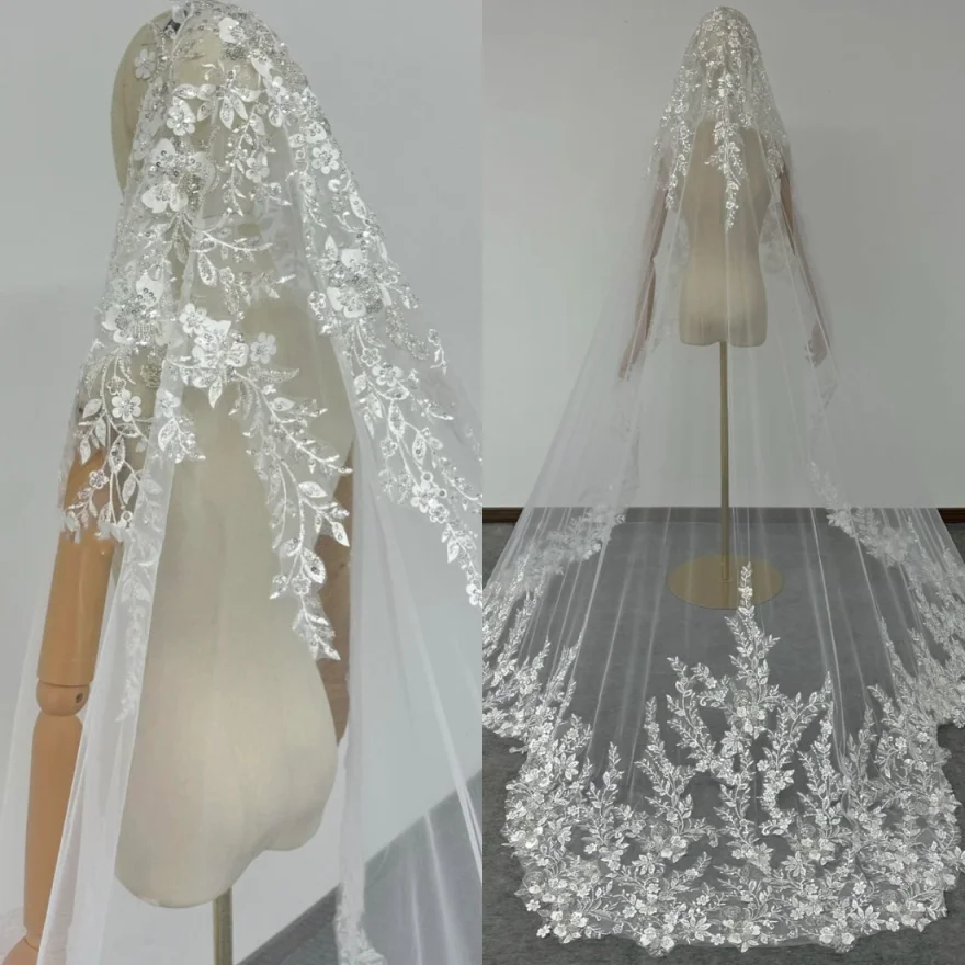 Luxury Wedding Bridal Veil One-Layer 3M Length Cathedral Pearls Rhinestones Veils With Comb Wedding Accessories Customized