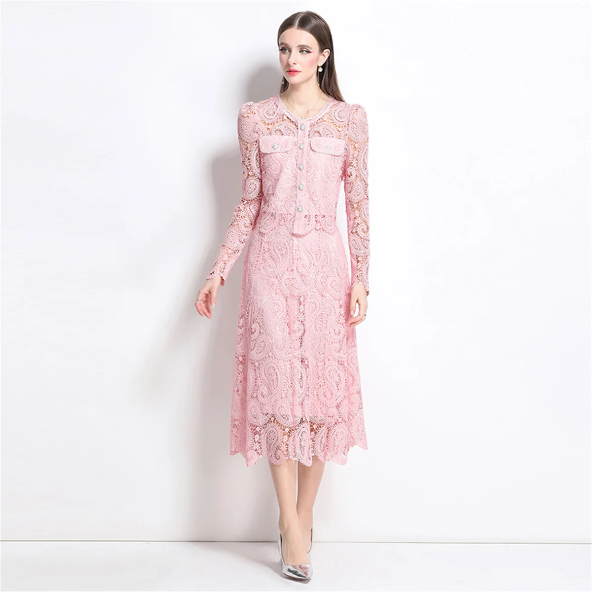

Luxury Design Hollow Out Lace Two Piece Set Women's Embroidered Pearl Buttons Lace Blouse +Midi Skirts Suits Female