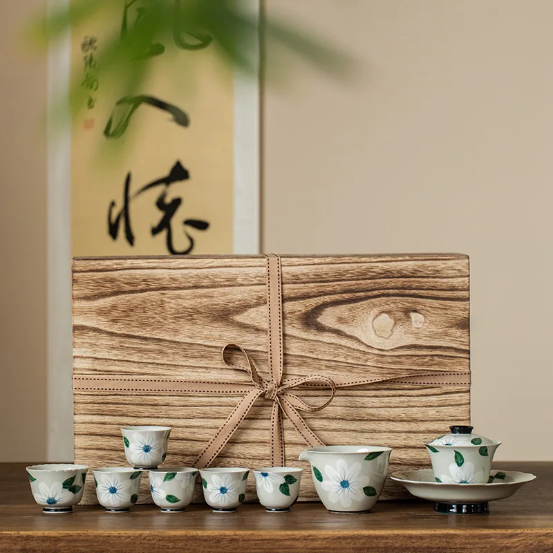 Pure Hand-painted Tea Set Luxury Retro Gaiwan Tea Cup Gift Box Household Ceramic Kung Fu Tea Set Gift