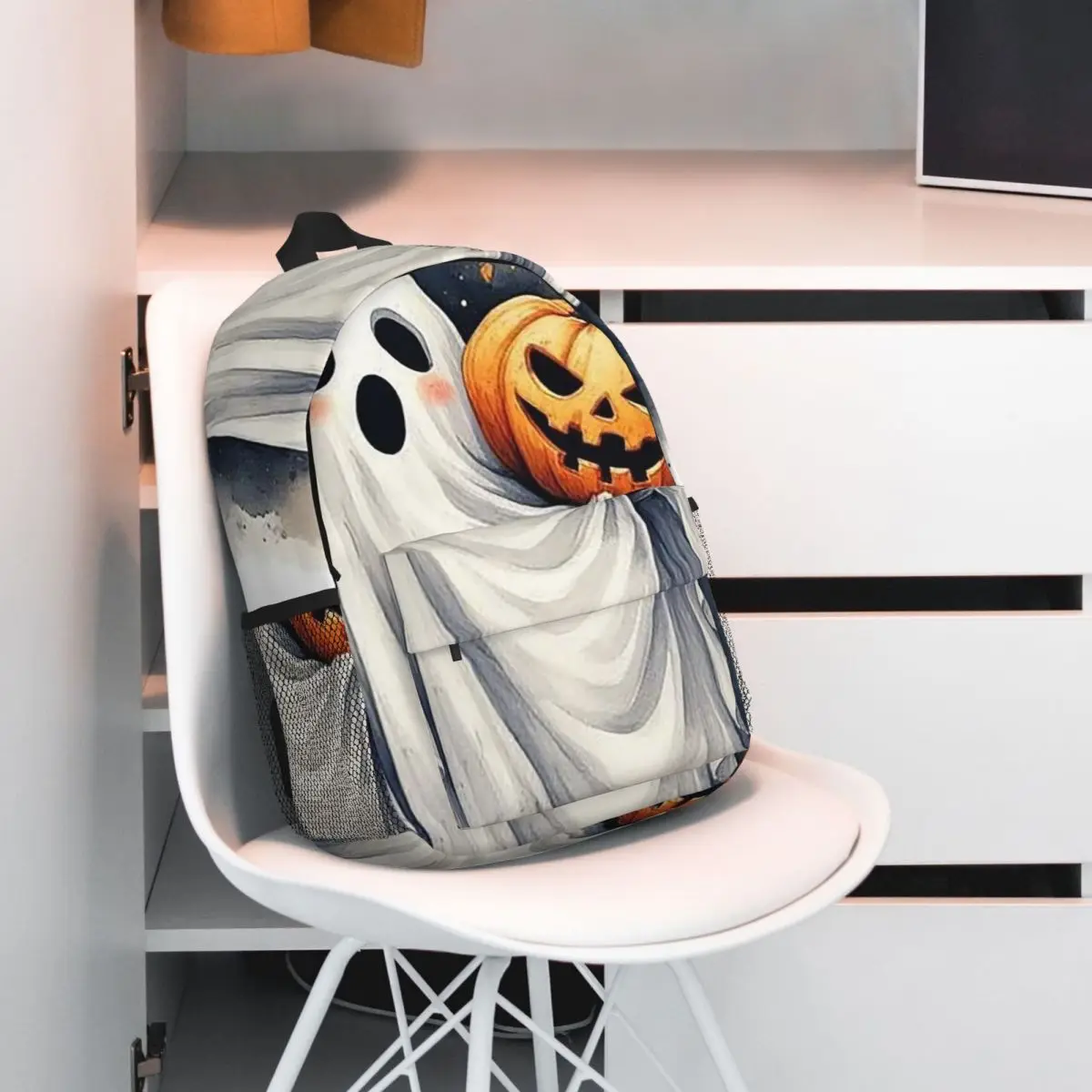 

Cute Ghost Take Pumpkin Halloween Backpack Student BookBag Children School Bag Laptop Shoulder Bags for Men Women