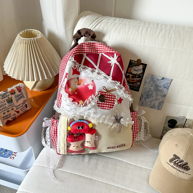 Apple Star Pattern Plaid Backpack Cute Lace Trim Ita Bag With Transparent Window Large Capacity Lightweight School Bag