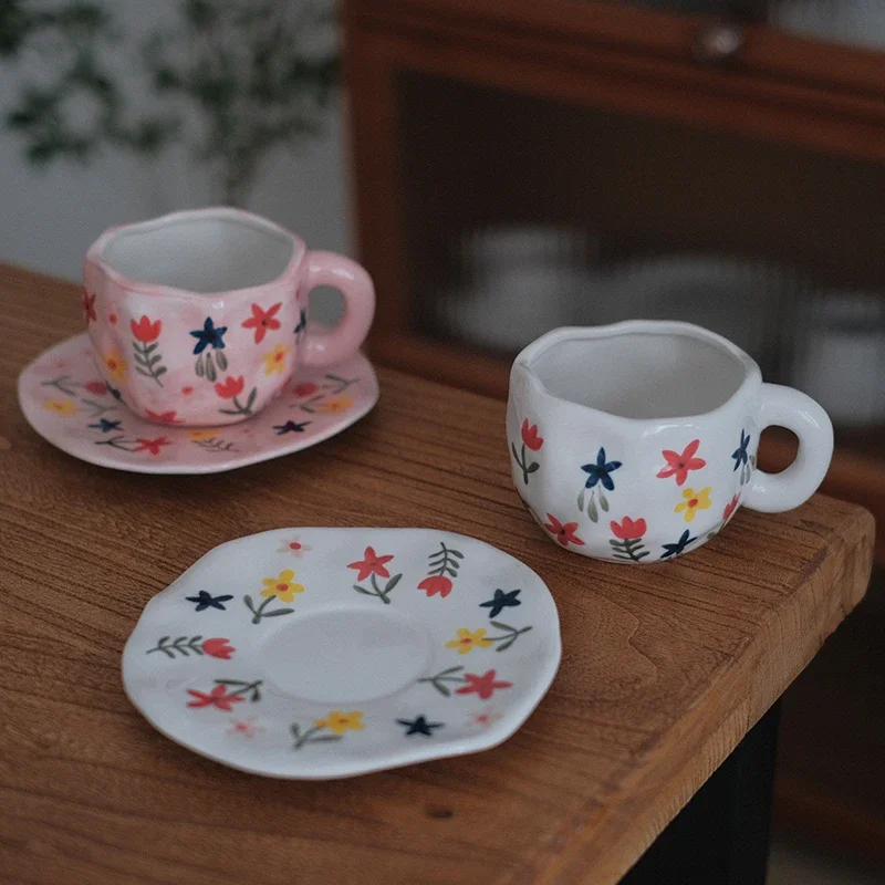 300ML Blue Sky and White Clouds Coffee Cup Tableware Set Hand-painted Ceramic Mug Milk Breakfast Cup Cute Coffee Tableware