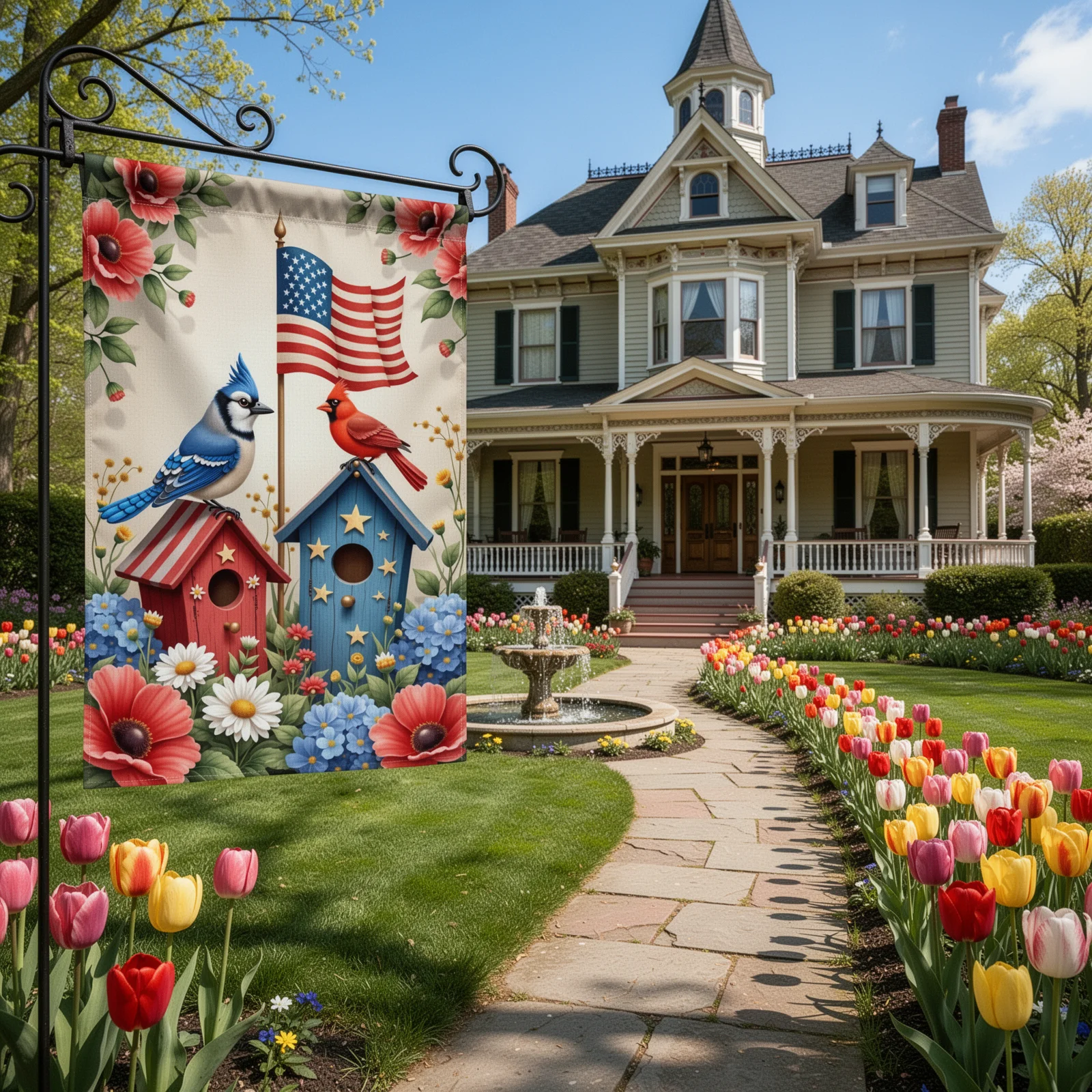 Patriotic Garden Flag Red White Blue Yard Banner Star Pattern Birdhouse Motif Outdoor Decor Flag for July 4th Celebration - view 4
