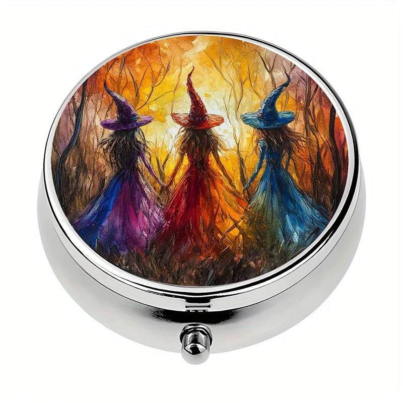1 pill box, with 3 compartments, Halloween witch scene, mini pill container, pill organizer, unique travel gift