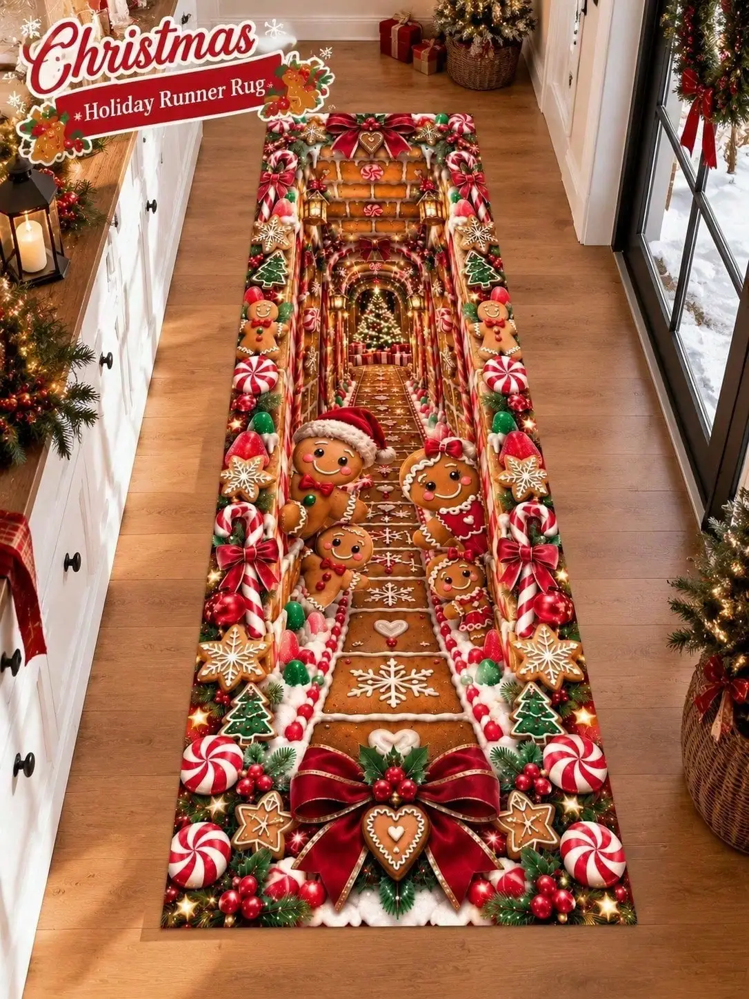 Christmas Aisle Runners Gingerbread Candy Cane Snowflake Runner Rugs Long Carpet Hallway Floor Mat for Entryway Kitchen Living Room Corridor Passage Holiday Home Decor Xmas Party Housewarming Birthday Anniversary Gift for Family Friends Neighbors