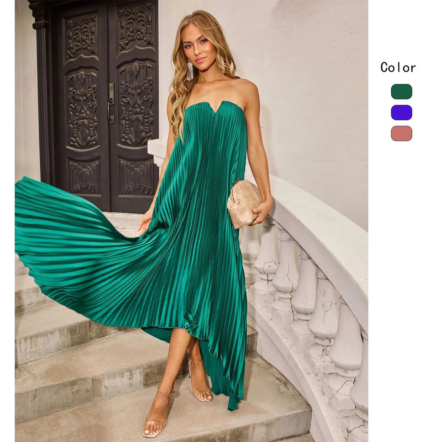 

Autumn and winter women's pleated off-the-shoulder pendulum fashion solid color irregular dress dress