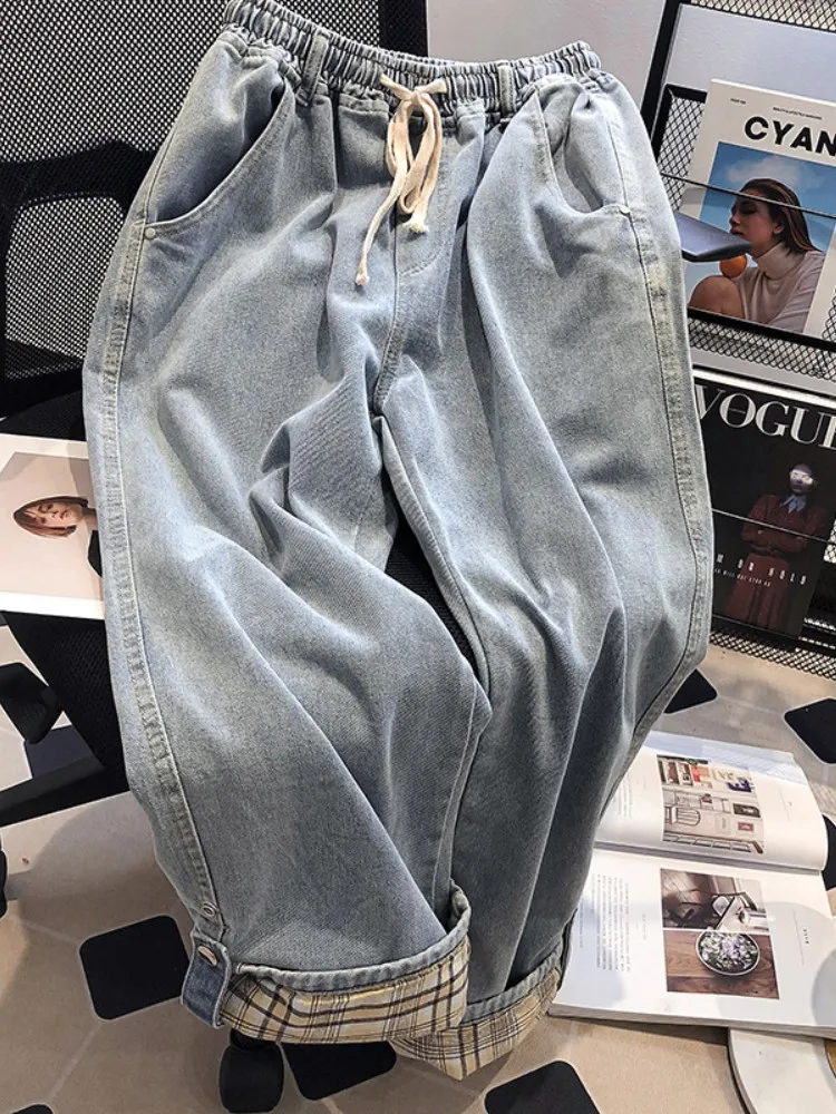 

Свободные джинсы с высокой талией и манжетами, мужские осенне-зимние большие размеры 300, прямые широкие брюки с широкими штанинами