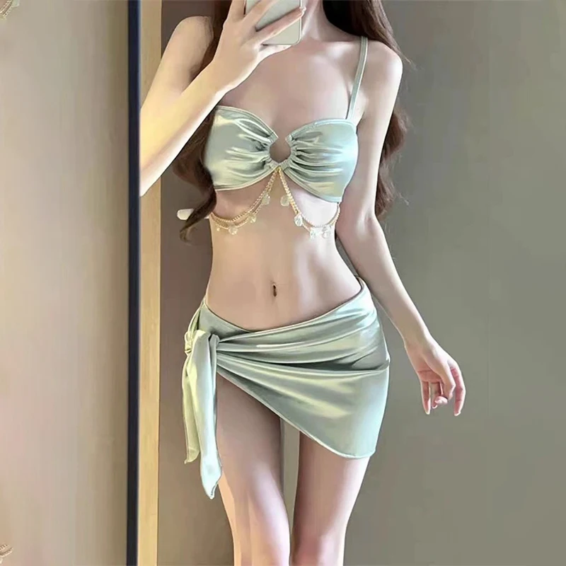 بدلة سباحة نسائية من الحرير الجليدي بيكيني مثير بحواف هامشية للتخسيس قطعة واحدة بدلة استحمام صيف 2025 Instagram Beachwear فستان للإجازات #3