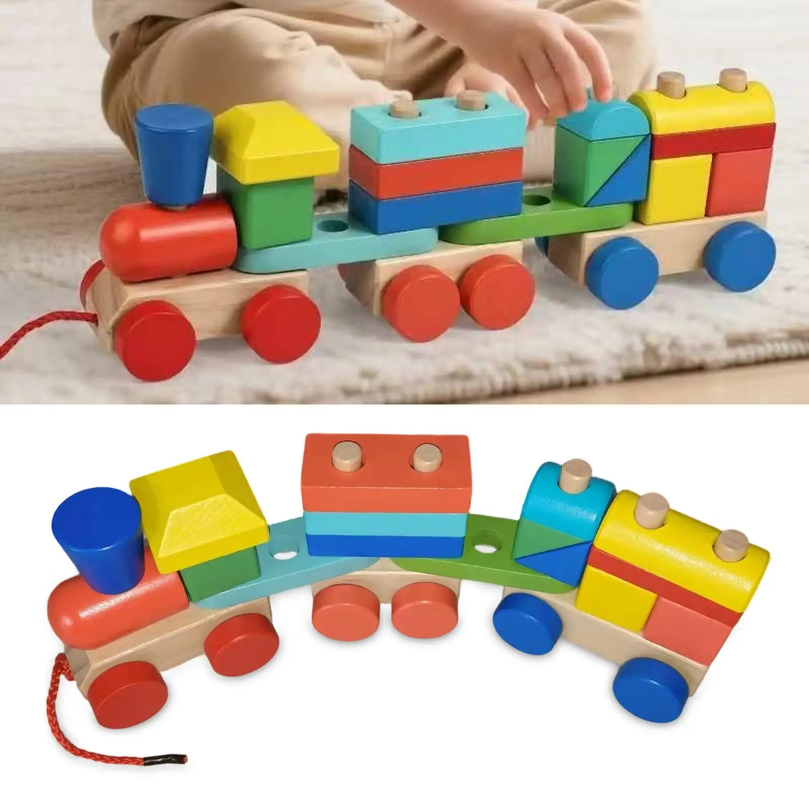 Holz-Stapelblock-Zugspielzeug Lernspielzeug Bauklötzchen-Set für 2-4 Jahre Alte Kinder