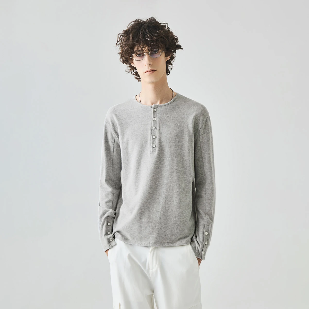 Autumn Long Sleeve T-Shirt for Men Solid Color Versatile Slim-Fit Inner Top, Black/Gray