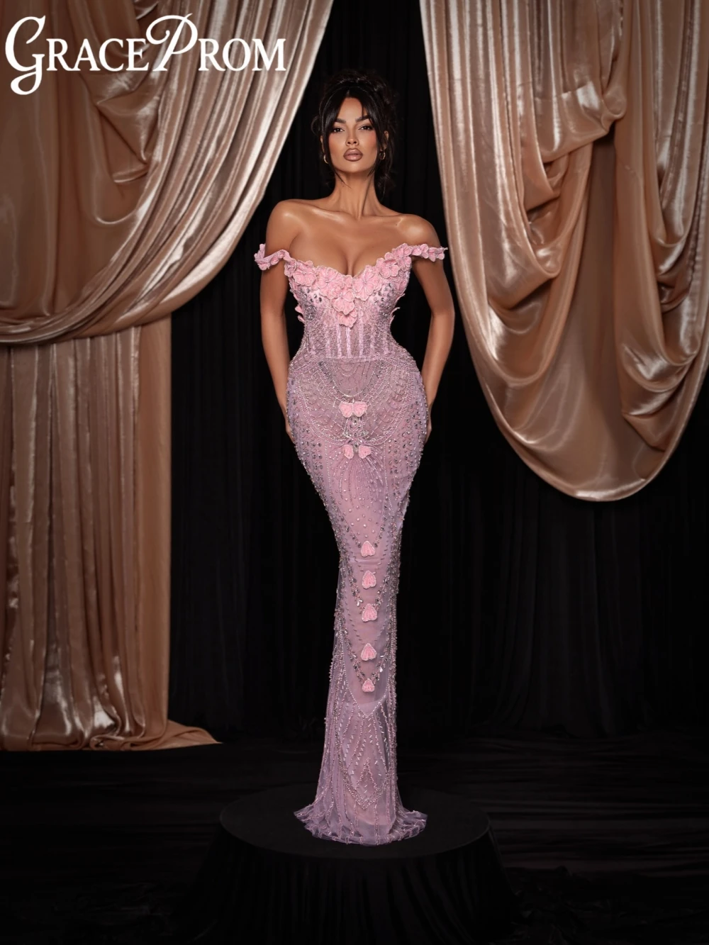 

Charming Pink Beaded Off Shoulder Evening Dress Exquisite Shiny Crystal Sheath Wedding Party Gown Customized New Prom Dresses