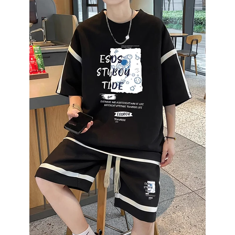 

plus Size 300 Pou Men's T-irt ort Sve Loose Summer 2024 Trendy Two-Piece Set f Sve Top for Teenagers