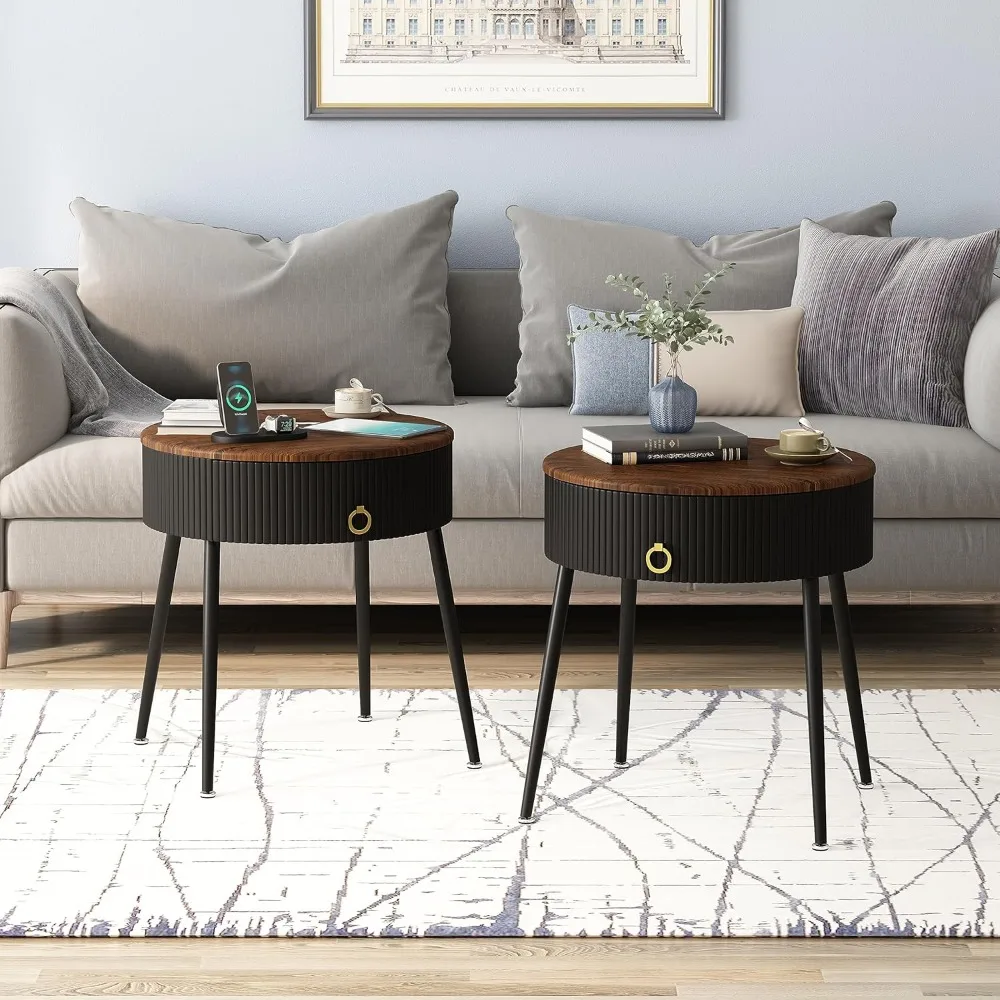 طقم طاولات جانبية مكون من 2، منضدة مستديرة مع درج، طاولات نهاية السرير الحديثة للمساحة الصغيرة، غرفة المعيشة