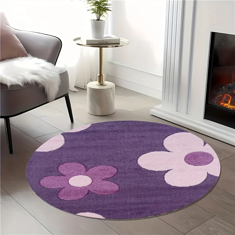 Purple Flower Power Round Carpet Fleece Plush Living Room Accent Rug Retro Floral Design Soft Touch Home Decor Girls Bedroom