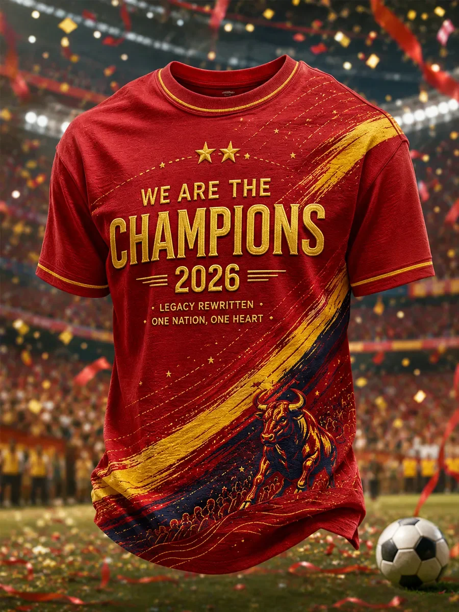 3D Printed Espana 2027 Champions Soccer Jersey Red Brush Stroke Graphic Bull Pattern We Are The Champions Letter Casual Fan Top
