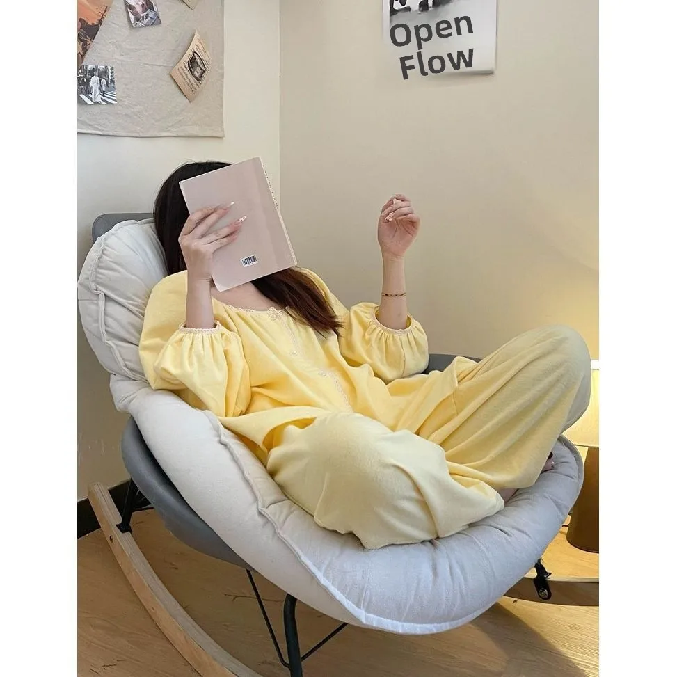 

Spring Autumn Pure Color Sweet Lace INS Style Sleepwear Women Casual Open Cardigan Loose Long Sleeve Home Clothes Set