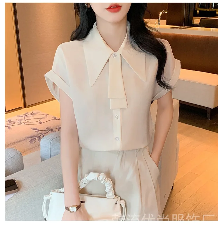 Solid Color Chiffon Shirt with Wide Sleeves and Ribbon, Korean Style French Fashion High-End Professional Short-Sleeved Shirt, White/Pink Purple/Apricot Slightly Loose