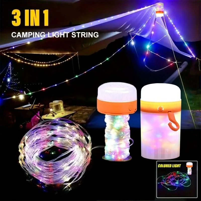 Lampu Tenda LED Isi Ulang USB 10 Meter Lampu Senter Portabel Cocok untuk Berkemah di Halaman dan Dekorasi Liburan