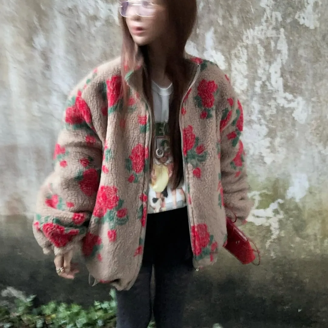 レディースシック韓国風冬コート暖かい綿裏地ルーズフィットシープスキンファー柄トップアウターウェア通勤ファッション