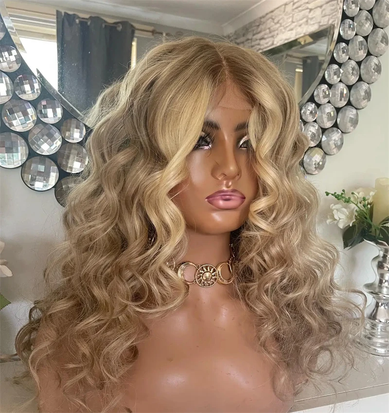 

Premium Quality Ombre Golden Blonde Brunette HD Synthetic Lace Front Wig With Dark Roots Natural Wig Gift For Her Deep Wave Wig