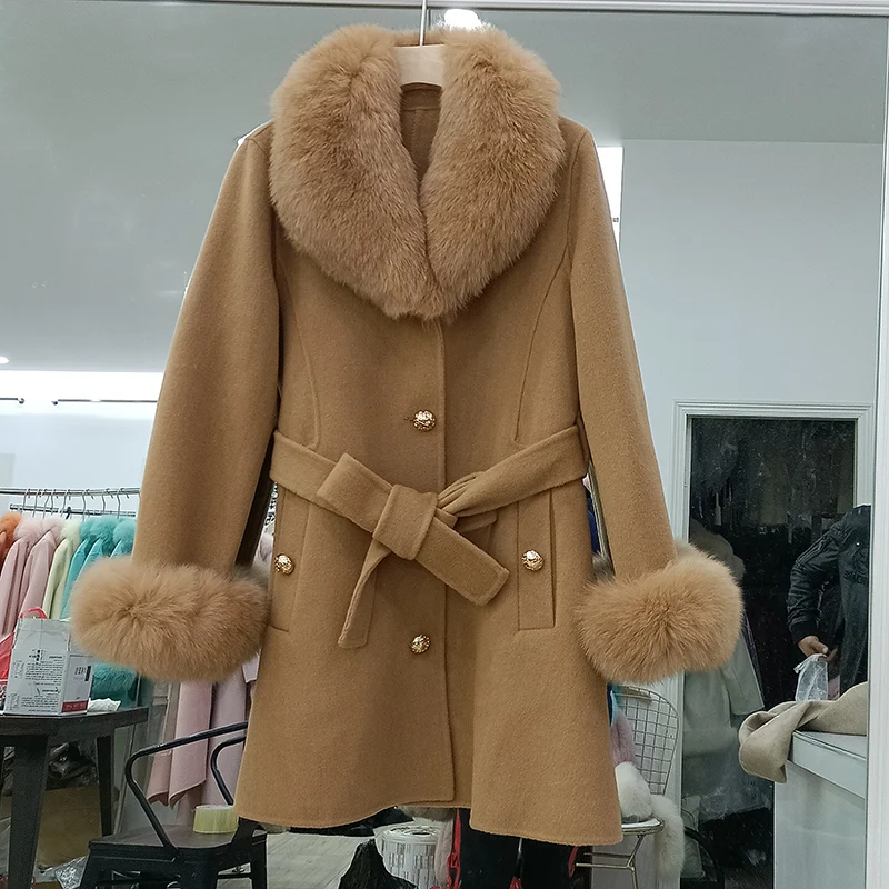 

With Natural Fox Fur Collar Slim Female Woolen Cashmere Outwear 2025 Winter Real Fox Fur Coat Women Wool Jacket